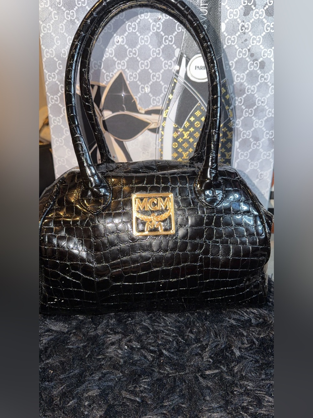 MCM Black Croc-Embossed Leather Satchel with Gold Logo Plaque